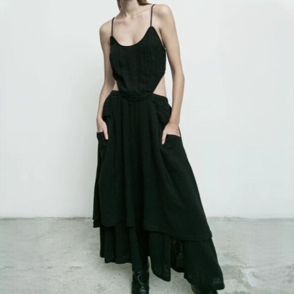 Nicholas K Bianca Maxi Backless Dress Layered Black Goth Cotton Double Gauze - Picture 1 of 16